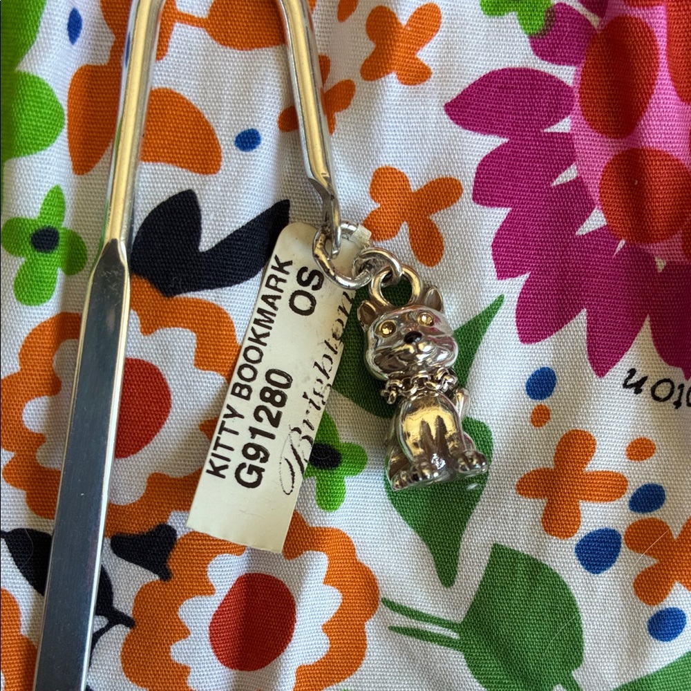 Silver Cat charm bookmark with Floral Drawstring Pouch